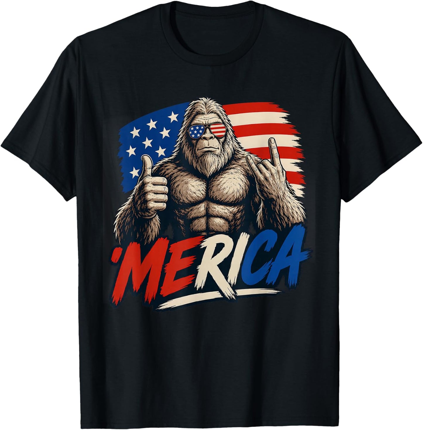 Bigfoot 'Merica Rock Thumbs Up American Flag 4th of July T-Shirt - T-Shirt | Black