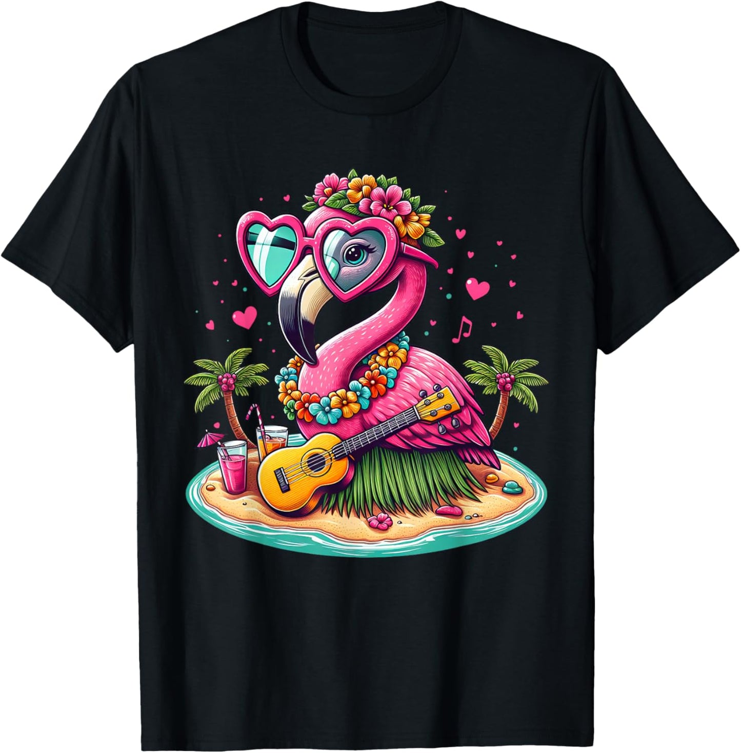 Flamingo Hawaiian Costume Children's Summer Holiday Flamingo , black T-Shirt - T-Shirt | Black
