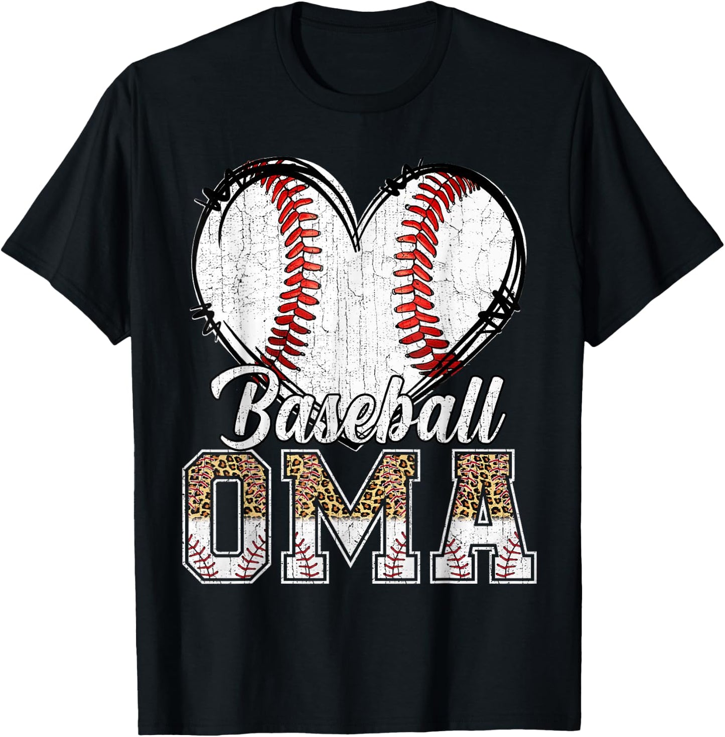 Softball Baseball Oma Heart Leopard Print Mother's Day T-Shirt - T-Shirt | Black