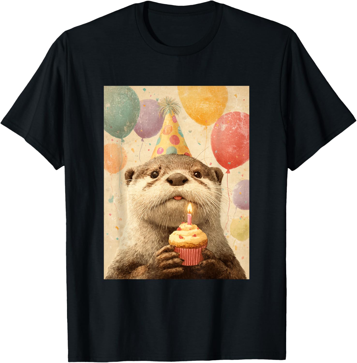 Otter Retro Art Print Birthday Party Balloons & Cupcake T-Shirt - T-Shirt | Black