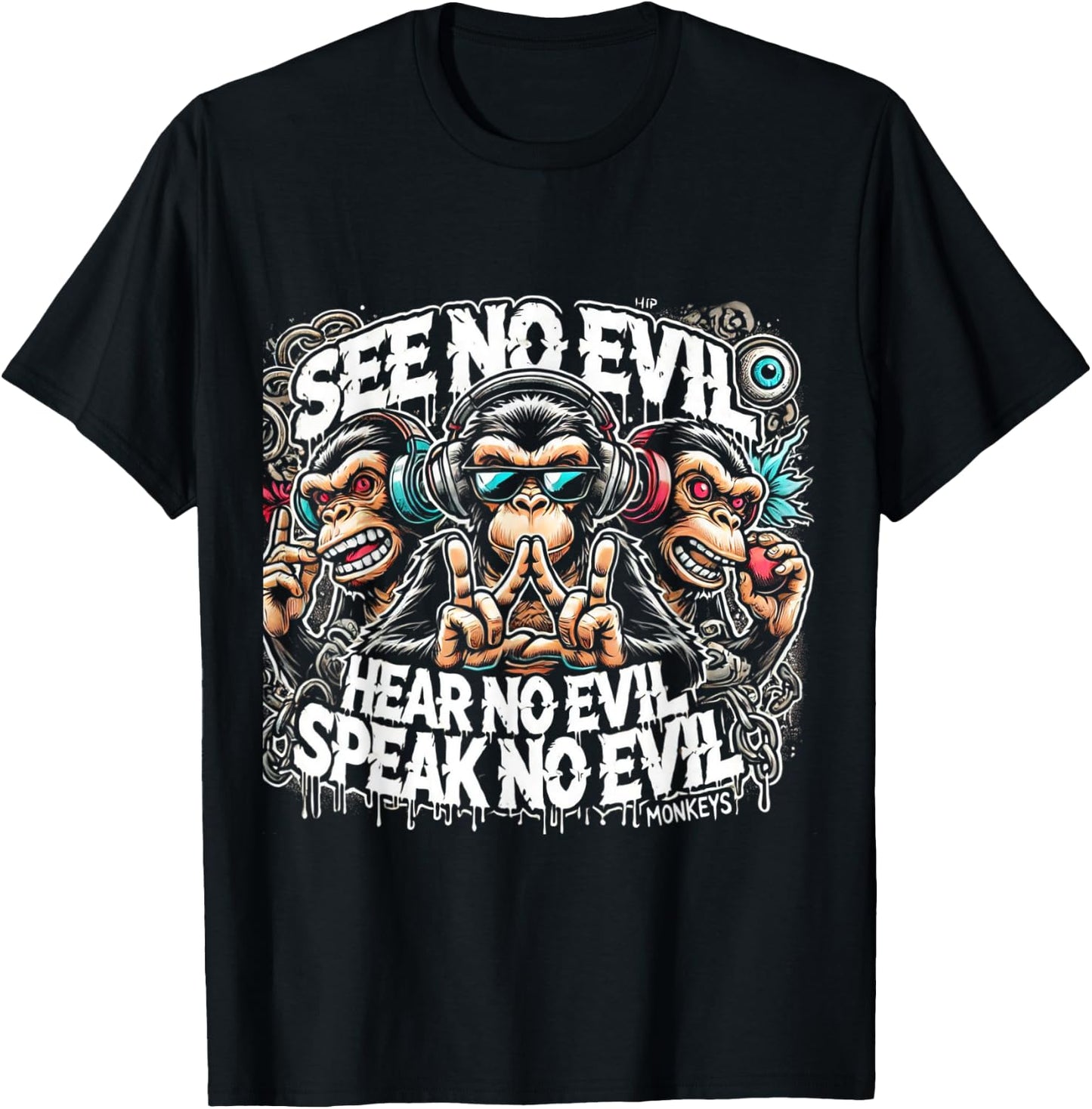 Three Wise Monkeys See No Evil Hear No Evil Speak No Evil T-Shirt - T-Shirt | Black