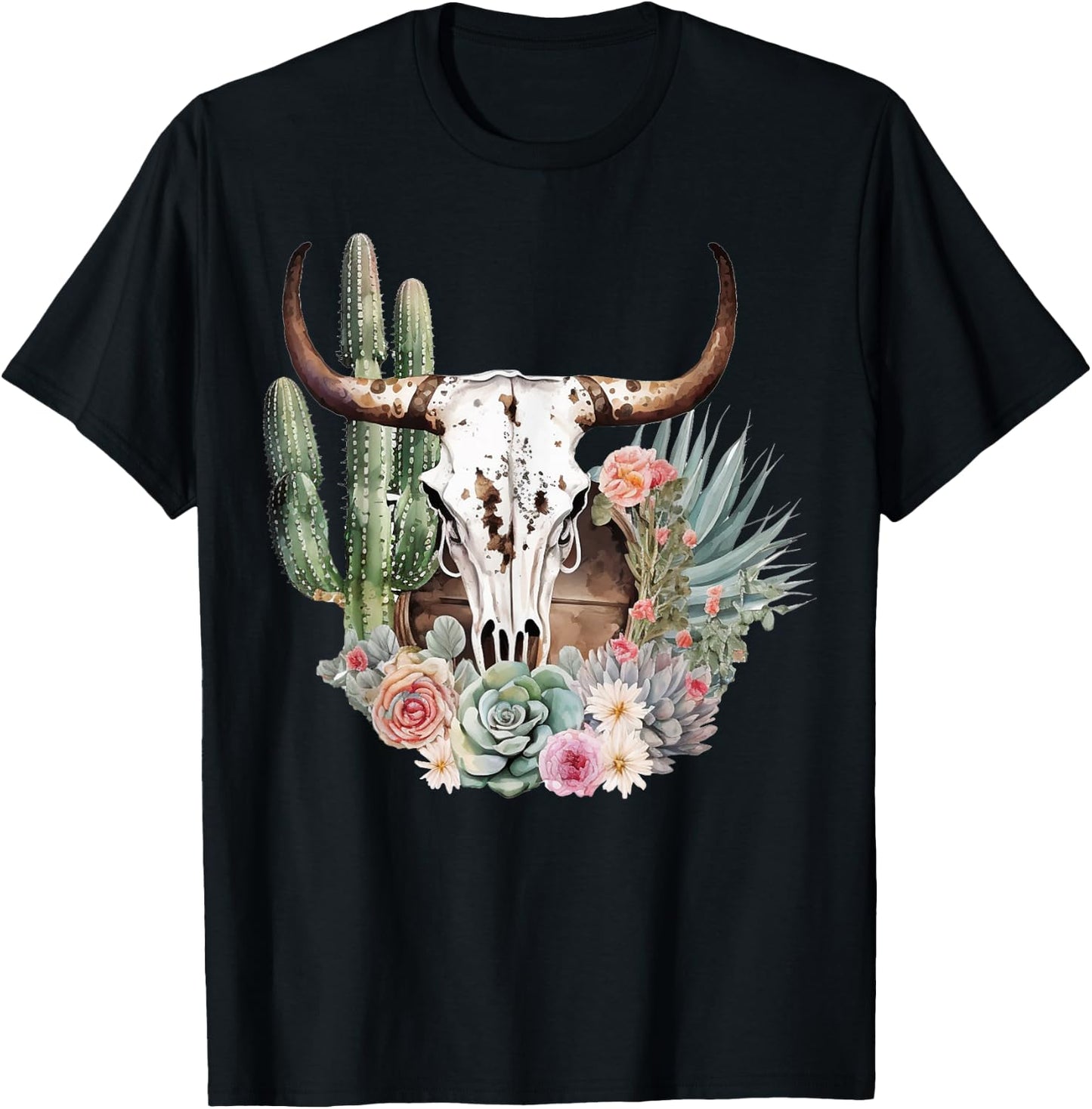 Western Boho Chic Longhorn Bull Skull Cactus Beige Pattern T-Shirt - T-Shirt | Black