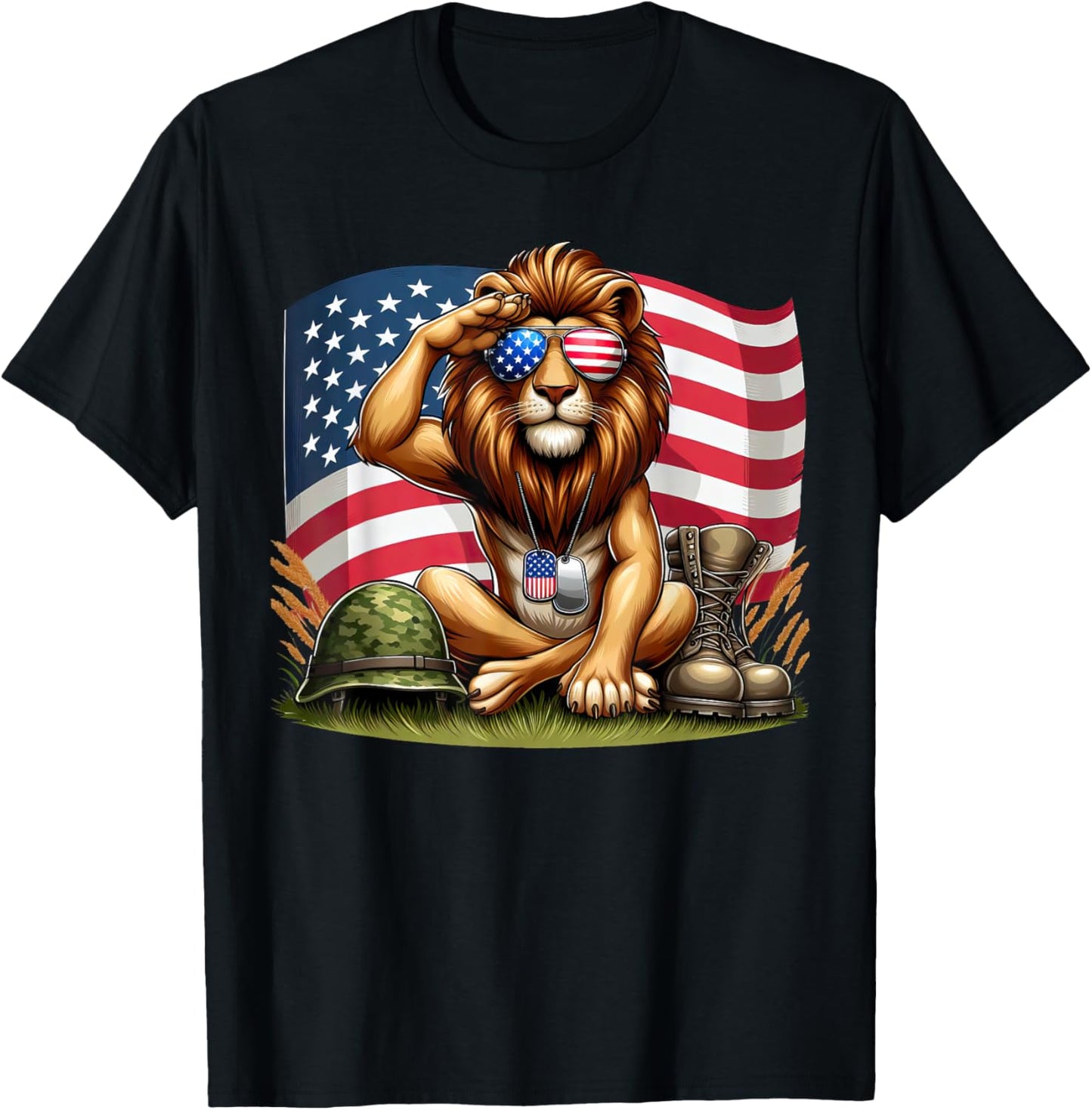 Salute Lion American USA Flag Memorial Day 4th of July T-Shirt - T-Shirt | Black