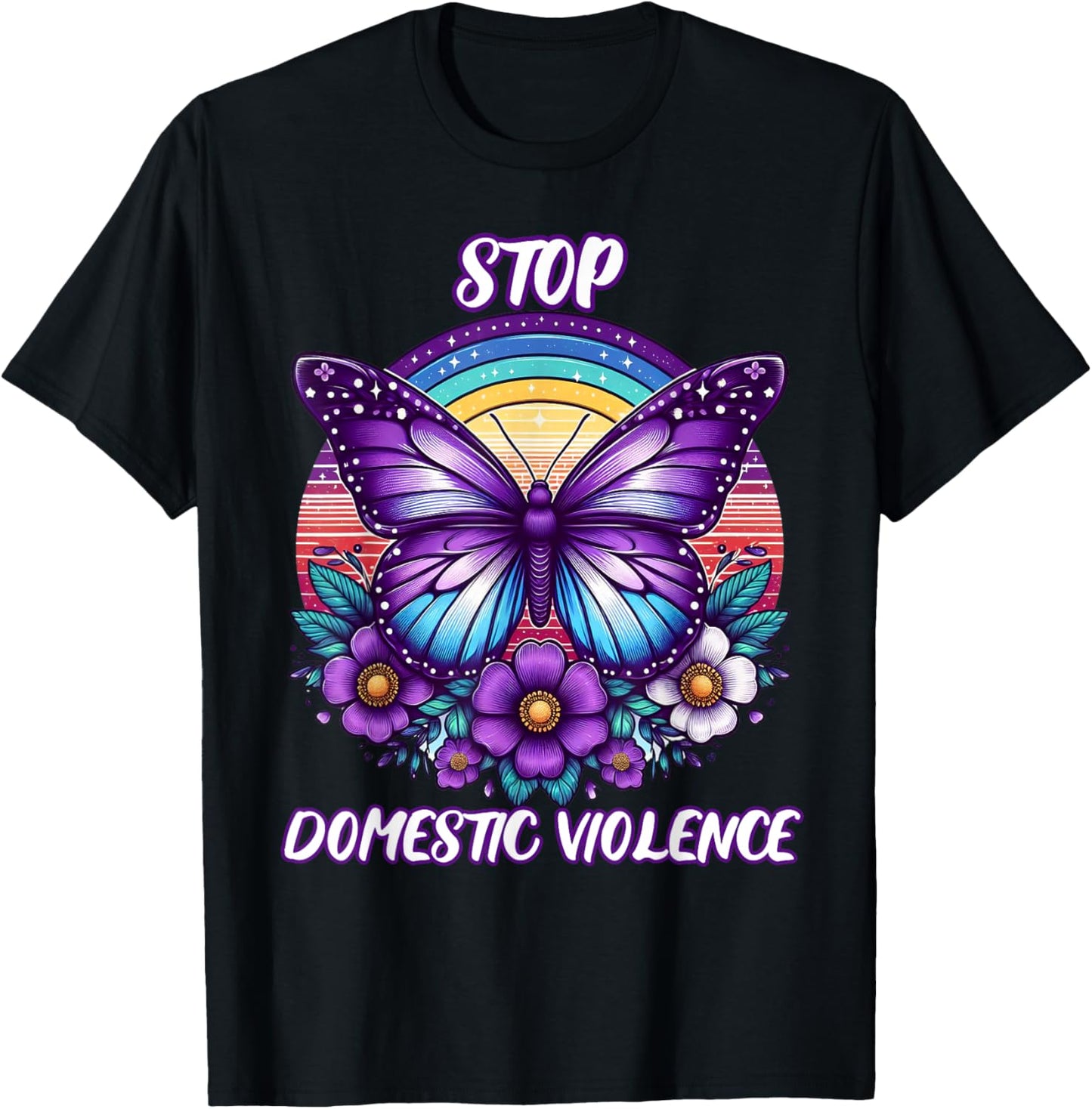 Women's Stop Domestic Violence Purple Retro Rainbow Flowers T-Shirt - T-Shirt | Black