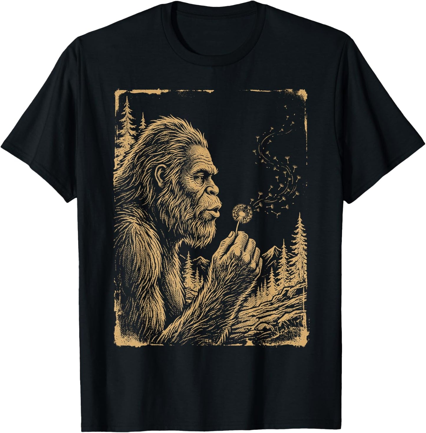 Funny Bigfoot Blowing Wishes Dandelion Vintage Art T-Shirt - T-Shirt | Black