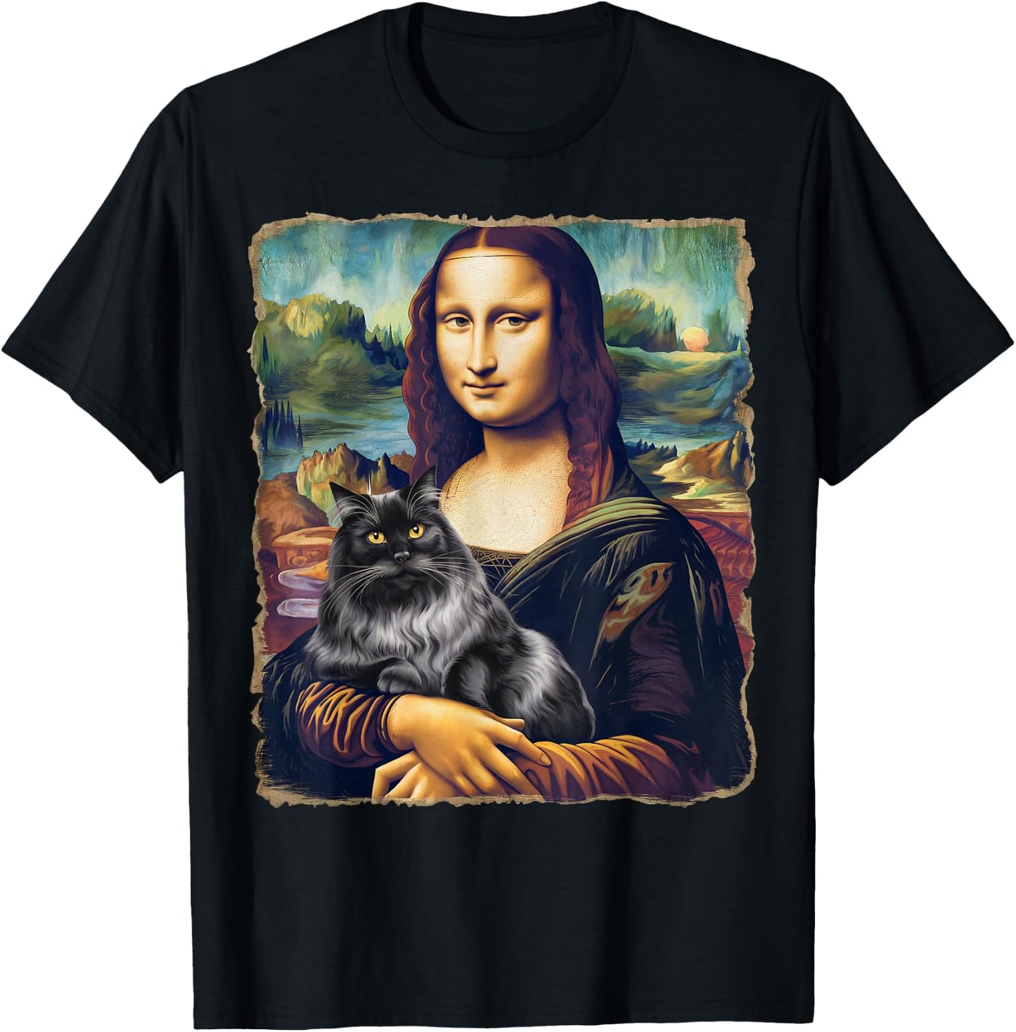 Black Cat Art Painting Apparel Gifts Graphic Mona Lisa Cat Art Funny for Cat Lovers, -Adults, Kids, Black, Small, Short Sleeve T-Shirt - T-Shirt | Black