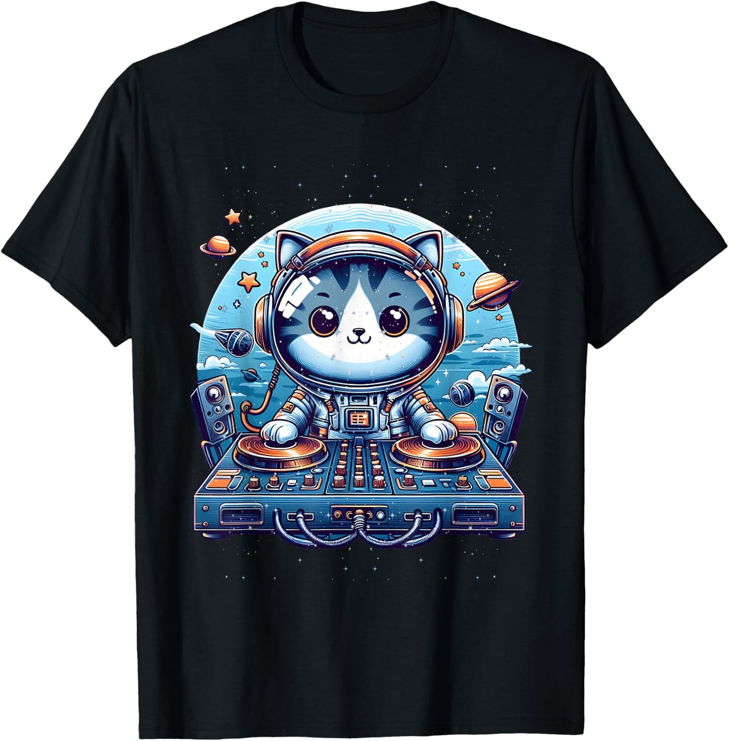 DJ Cat Cute Space Cat Disc Jockey Cat in Astronaut Suit T-Shirt - T-Shirt | Black
