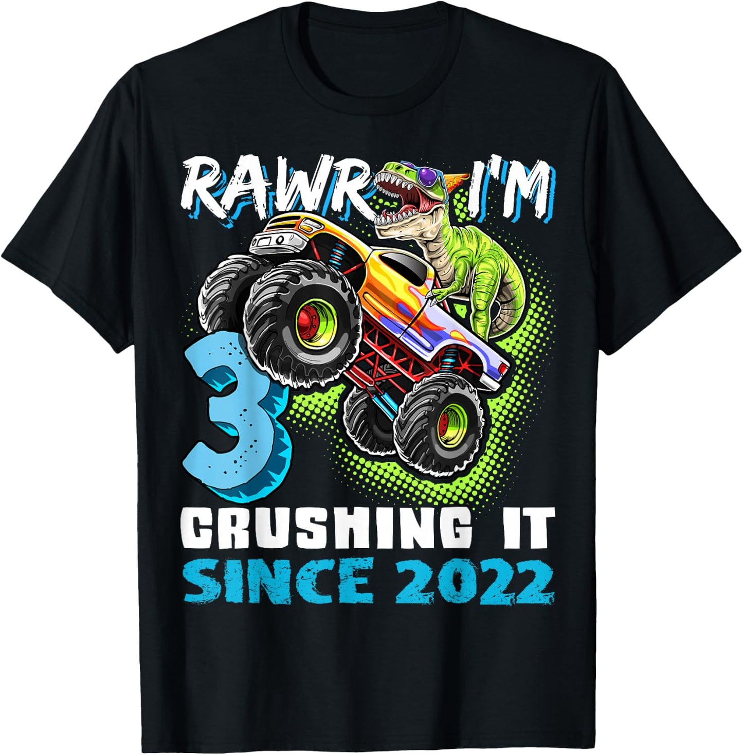 3rd Birthday Monster Truck Dinosaur Party Boys Rawr I'm 3 T-Shirt - T-Shirt | Black