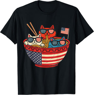 Cats Ramen Anime American Flag USA Funny 4th Of July Fourth T-Shirt - T-Shirt | Black