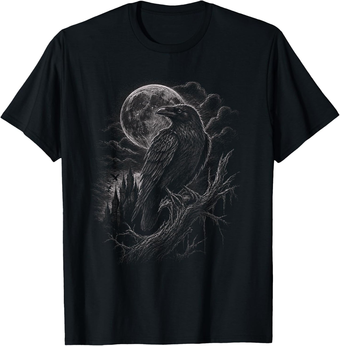 Gothic Crow with Moon Graphic Artwork Raven Design T-Shirt - T-Shirt | Black