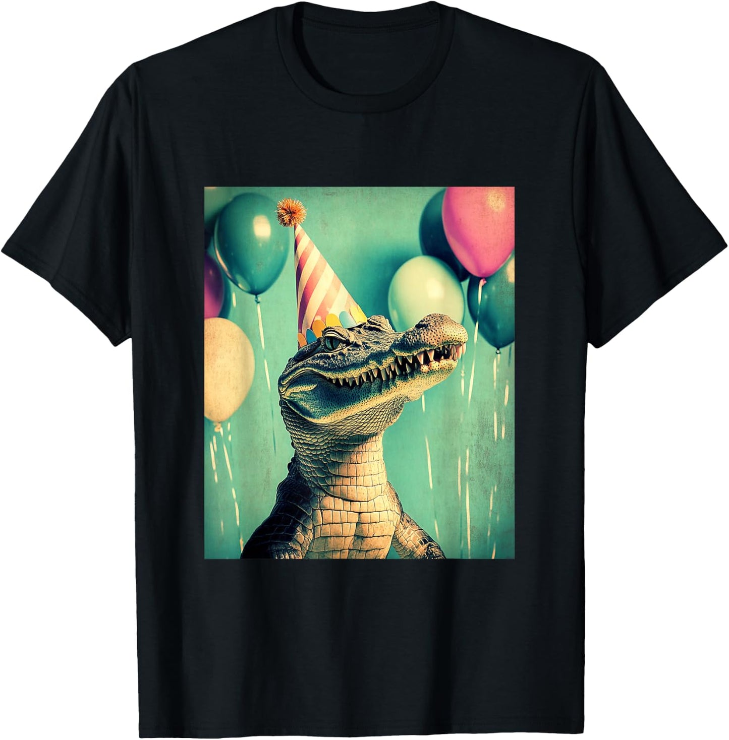 Crocodile Retro Art Print Birthday Party Balloons Party Hat T-Shirt - T-Shirt | Black