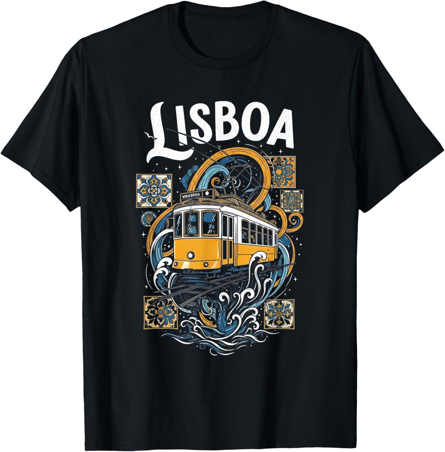 Lisbon Tram Art Vintage Portugal Travel Souvenir Lisboa T-Shirt - T-Shirt | Black