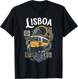 Lisbon Tram Art Vintage Portugal Travel Souvenir Lisboa T-Shirt - T-Shirt | Black