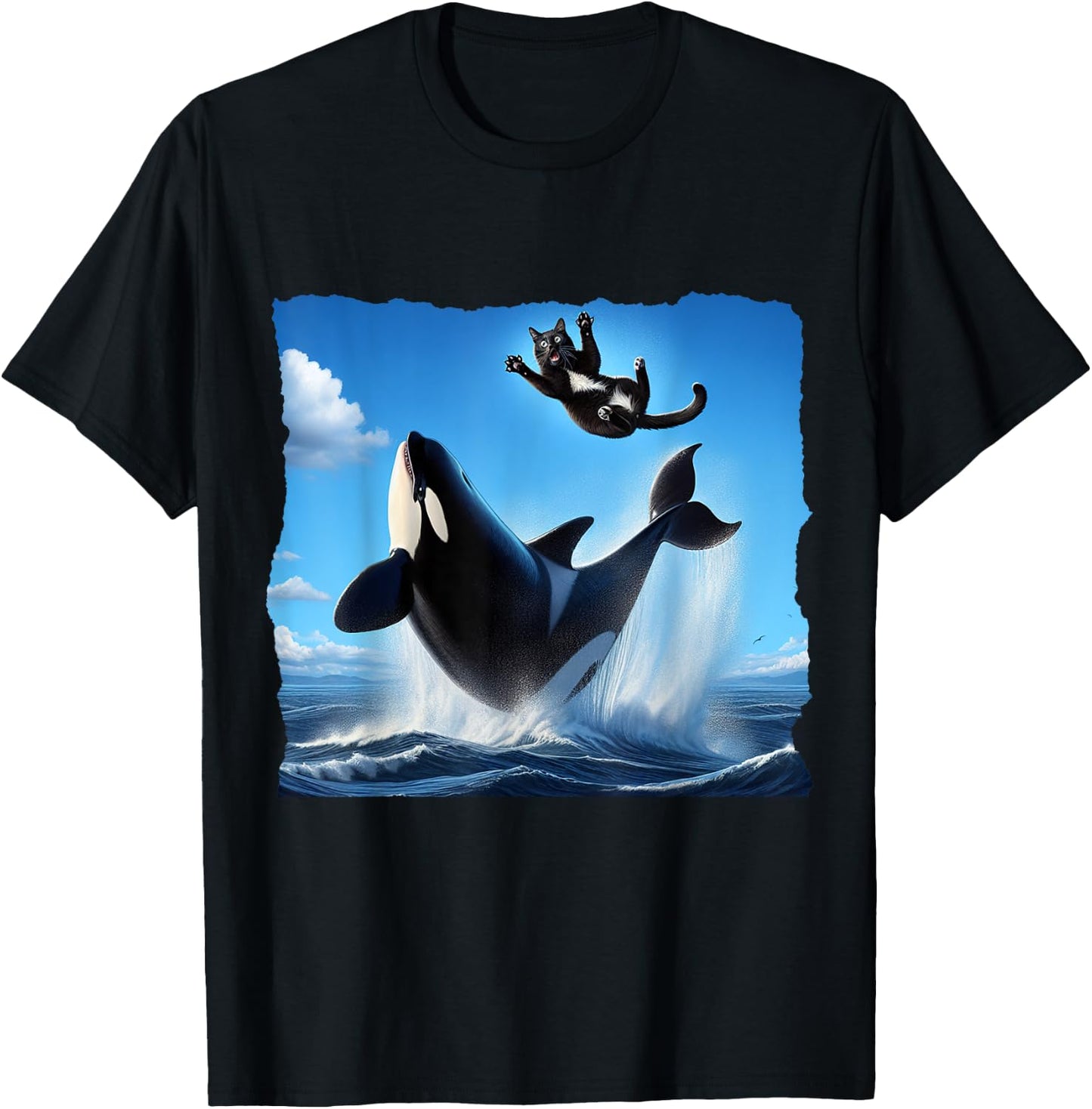 Funny Orca Whale Playing With Black Cat. cat and orca lover T-Shirt - T-Shirt | Black