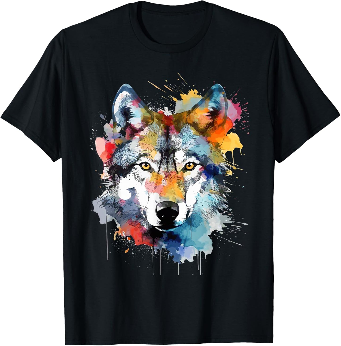 Wolfskopf Aquarell Damen Schwarz Small EU 38 V-Ausschnitt Kurzarm Klassische Passform Baumwolle 50% Polyester 50% Tierdruck Wildnis Einzigartiges Wolf-Design 1 Count T-Shirt - T-Shirt | Black