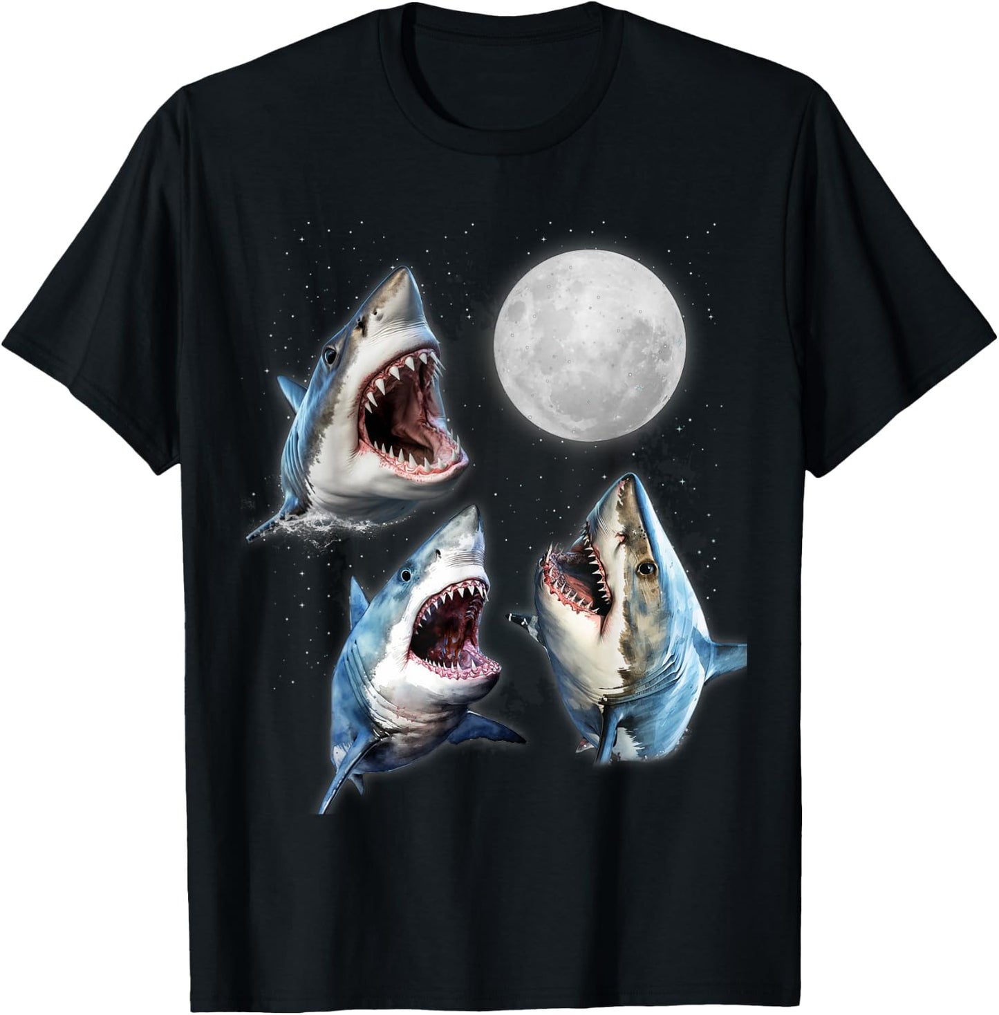 3 Great White Shark Moon Howling Funny Shark Lover Aquarist T-Shirt - T-Shirt | Black