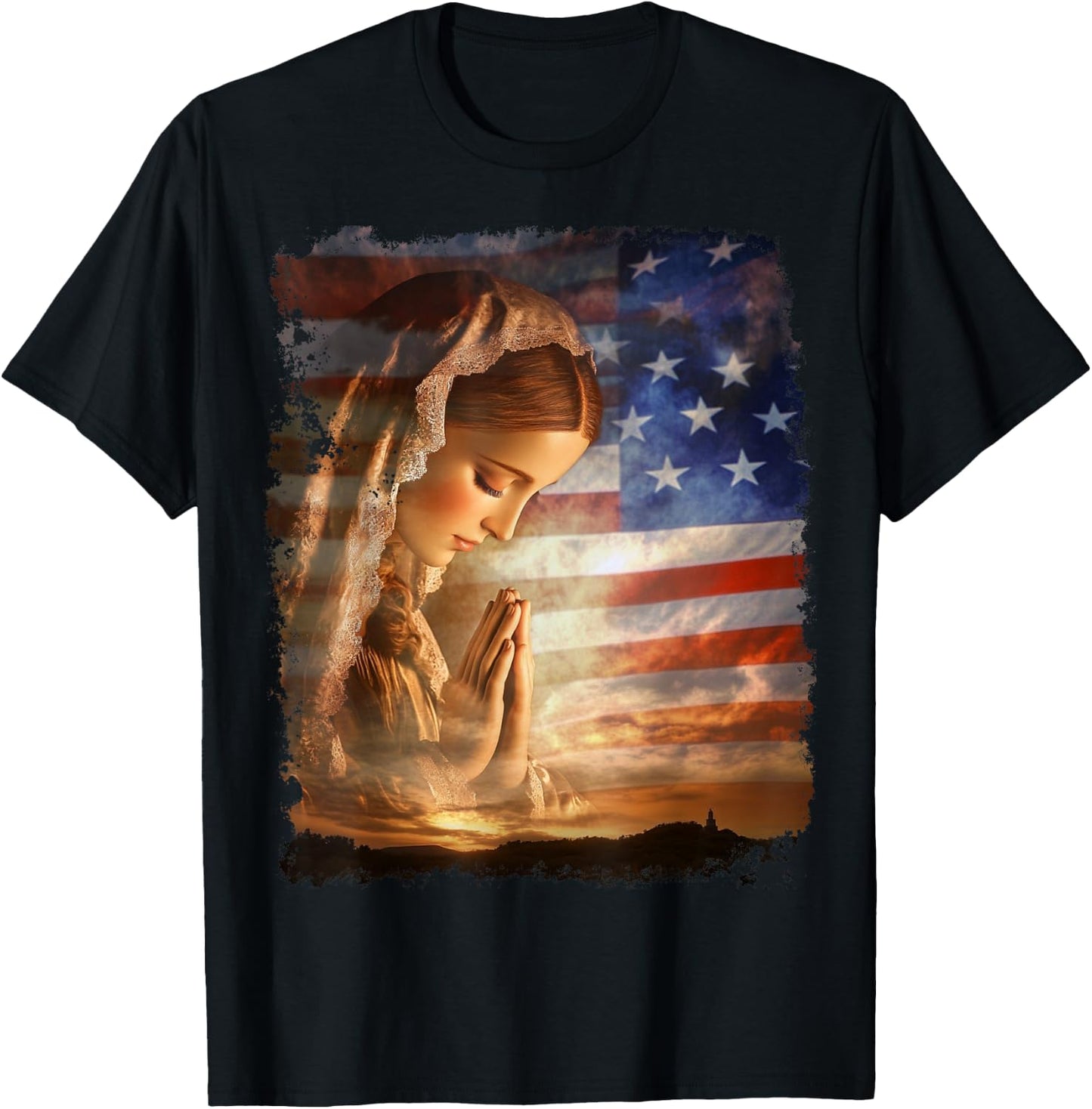 USA American US Flag The Virgin Mary T-Shirt - T-Shirt | Black