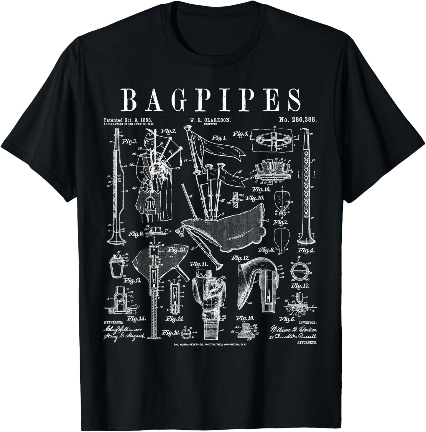 Bagpipe Bagpipe Player Vintage Patent Musician T-Shirt - T-Shirt | Black