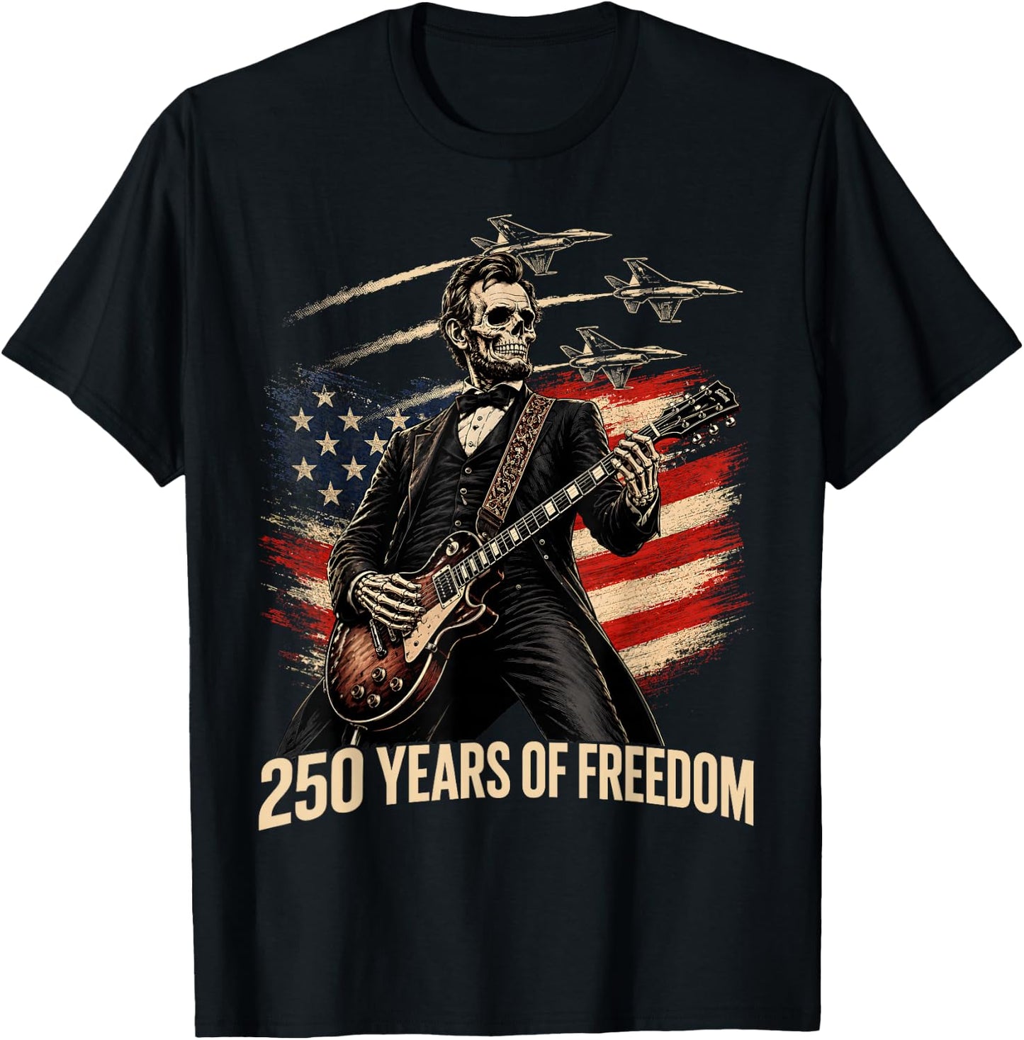 Abraham Lincoln Skeleton Rock Guitar Patriotic 4th of July T-Shirt - T-Shirt | Black