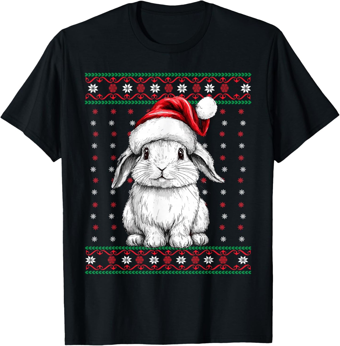 Ugly Christmas Sweater Rabbit Lover Santa Hat Funny Holiday T-Shirt - T-Shirt | Black