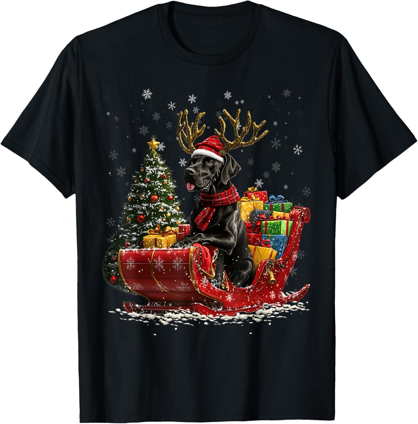 Santa Great Dane reindeer Light Christmas T-Shirt - T-Shirt | Black