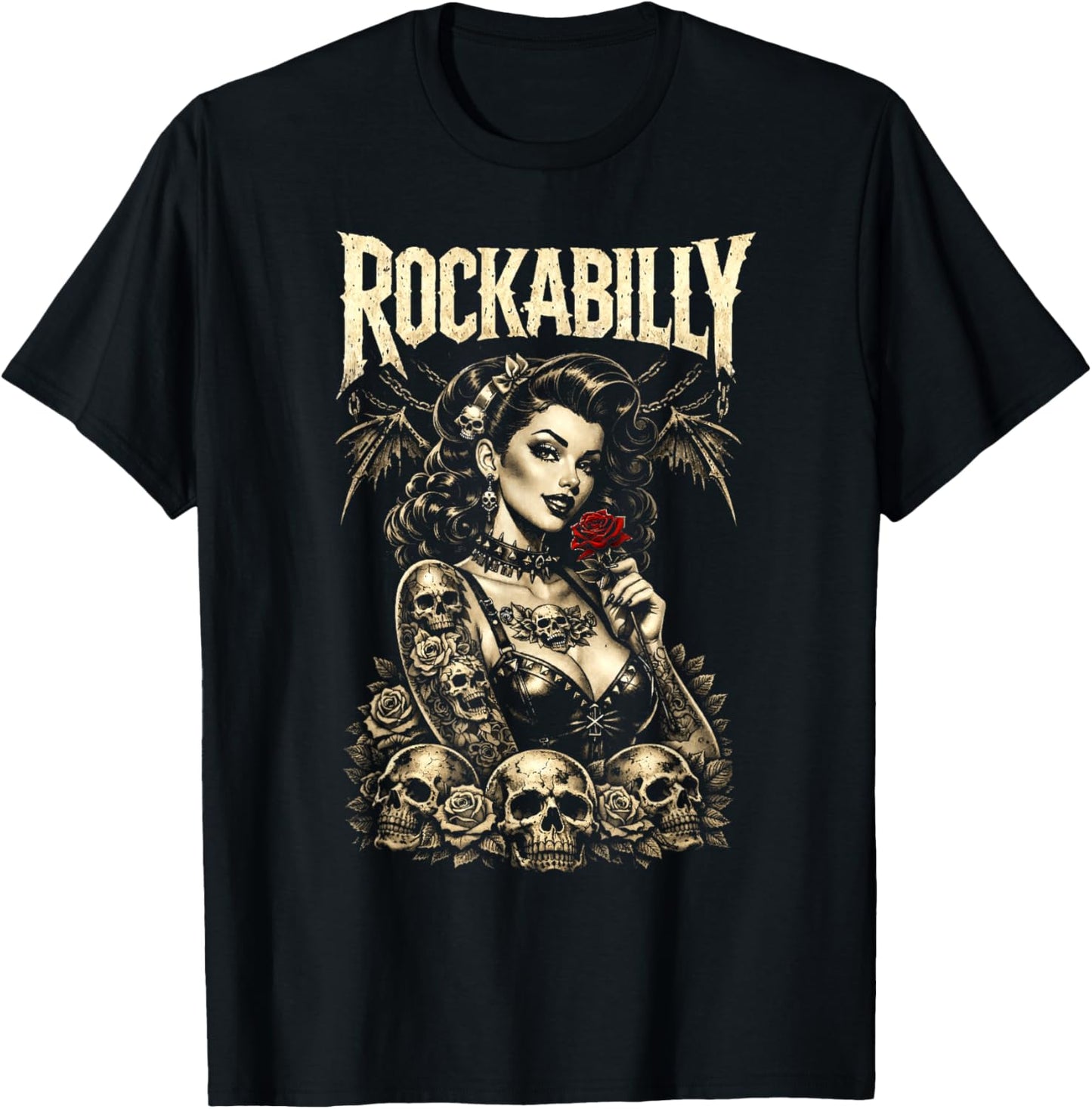 Rockabilly Gothic Pinup Girl Skulls Retro Alternative Rock T-Shirt - T-Shirt | Black