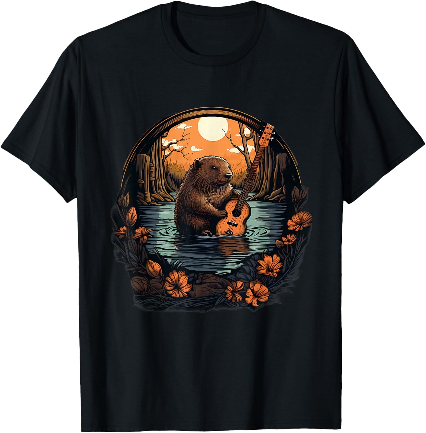 Beaver Nature Guitar Landscape Wildlife Artwork Animal Art T-Shirt - T-Shirt | Black