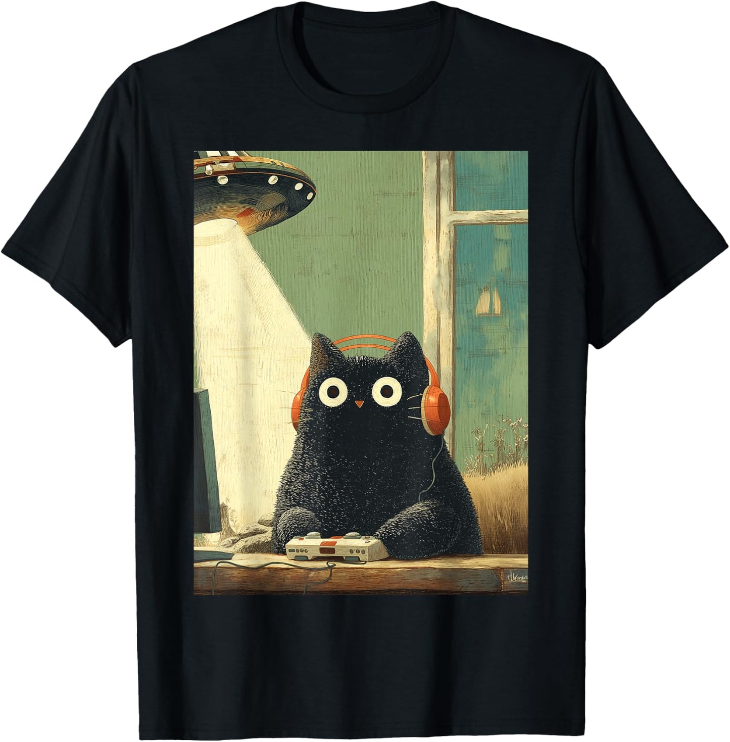 Japanische Schwarze Gamer Cat Videospiele Abduktion UFO Space T-Shirt - T-Shirt | Black