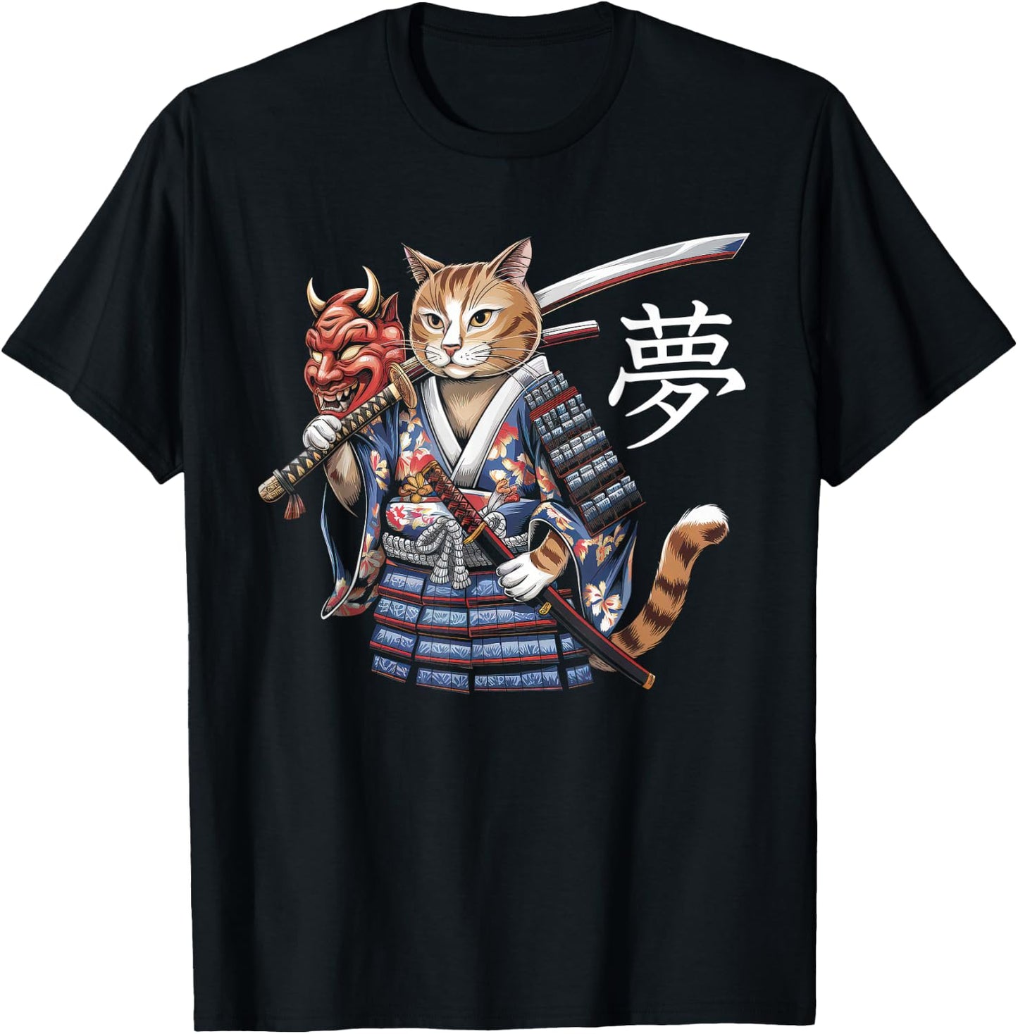 Samurai Cat Vintage Ukiyo-e Warrior Kanji Japan Anime Ink T-Shirt - T-Shirt | Black