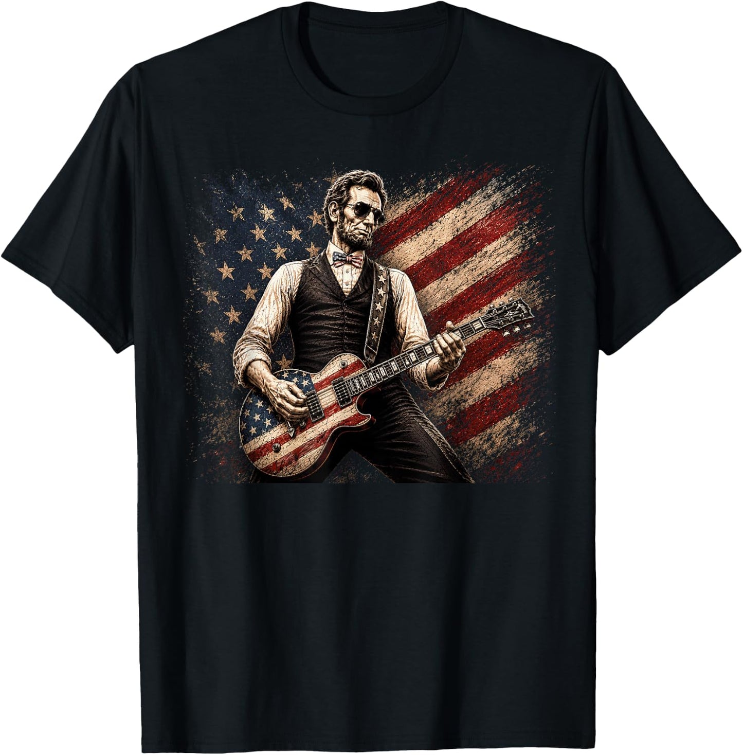 Abraham Lincoln Playing Guitar Rock and Roll American Flag T-Shirt - T-Shirt | Black
