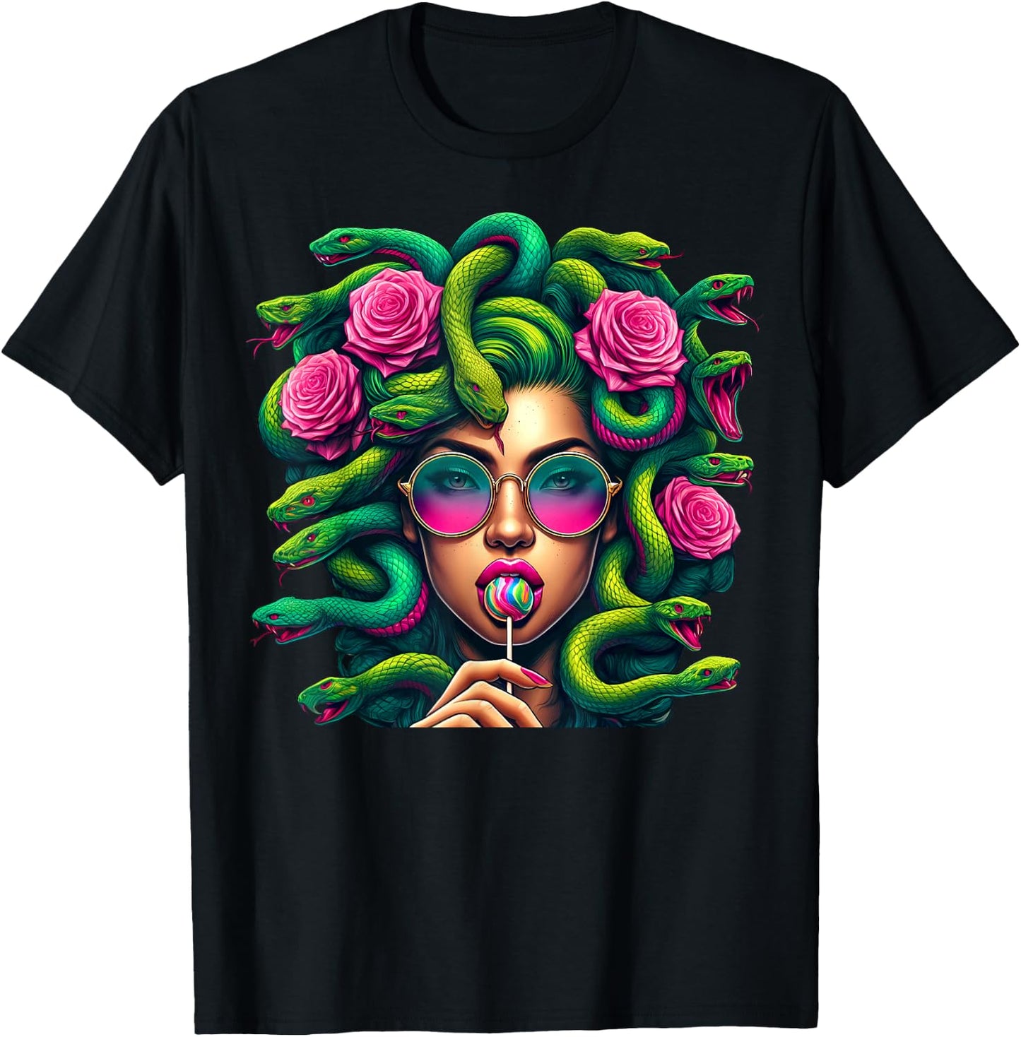 Medusa Snakes Roses Lollipop Floral Greek Mythology T-Shirt - T-Shirt | Black
