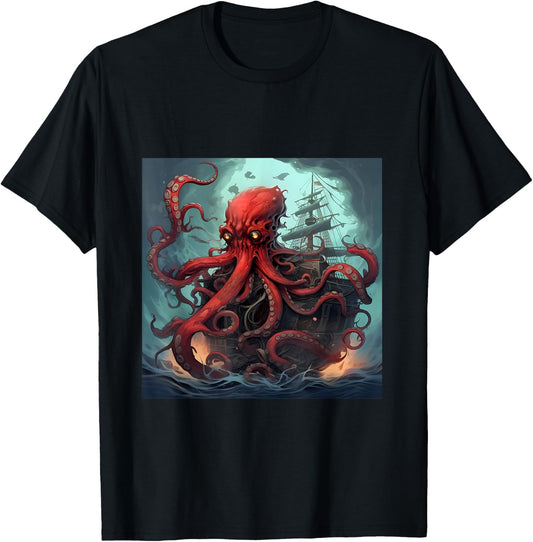 Kraken Pirate Ship Giant Octopus Ocean T Shirt T-Shirt - T-Shirt | Black