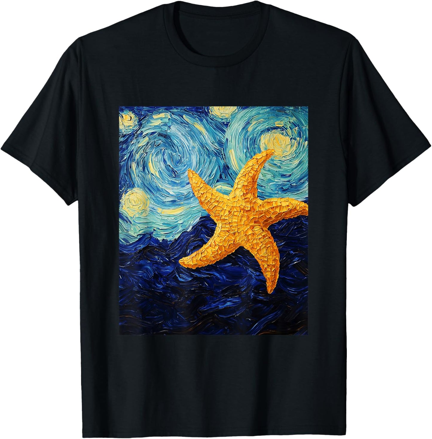Cute Starfish Aquarist - Van Gogh Style - Starry Night T-Shirt - T-Shirt | Black