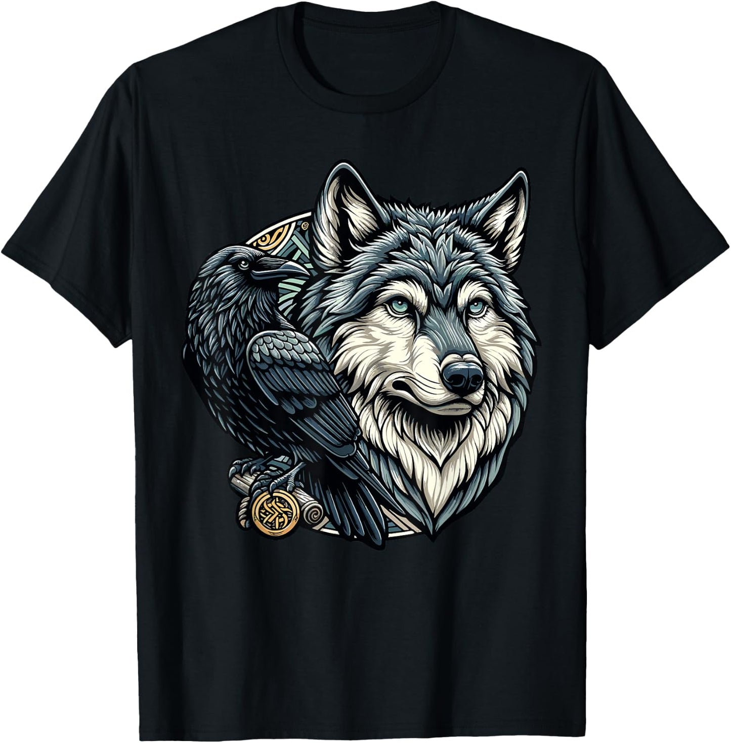 Wolf and Raven Design - Viking Symbol Nordic Mythology T-Shirt - T-Shirt | Black