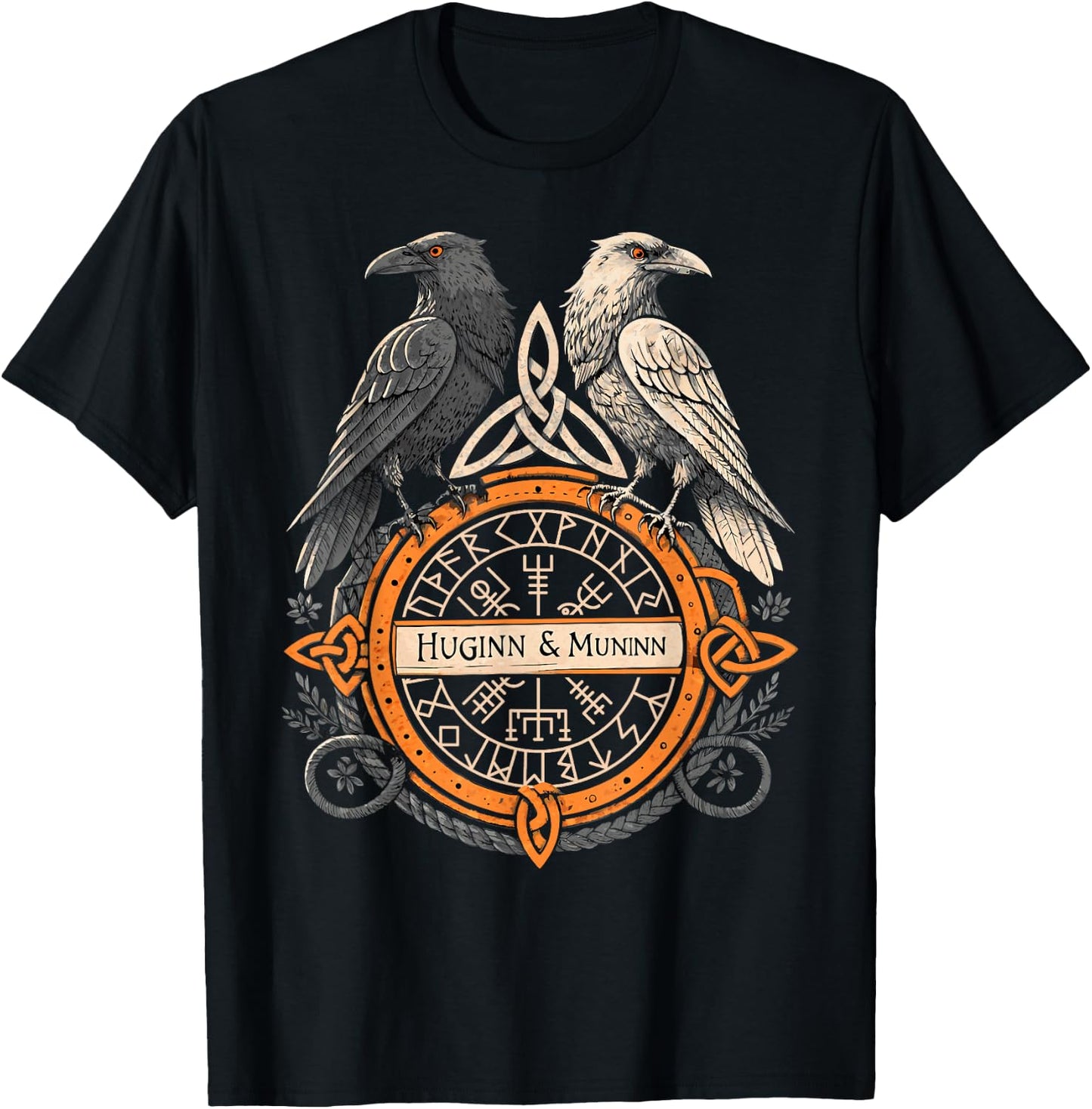 Viking Raven Huginn and Muninn Celtic Norse Compass Vegvisir T-Shirt - T-Shirt | Black