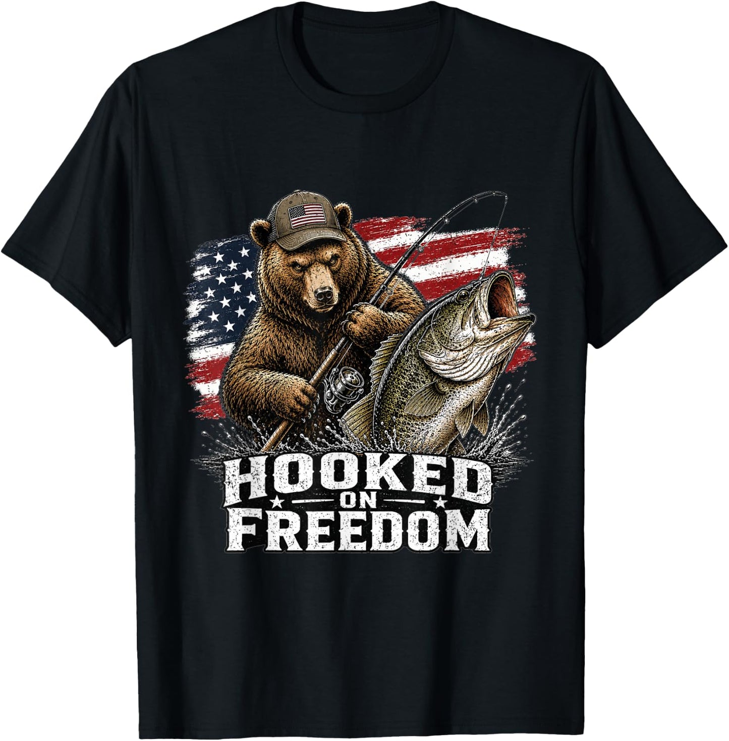 Hooked On Freedom Bear Fishing Patriotic USA Gift T-Shirt - T-Shirt | Black
