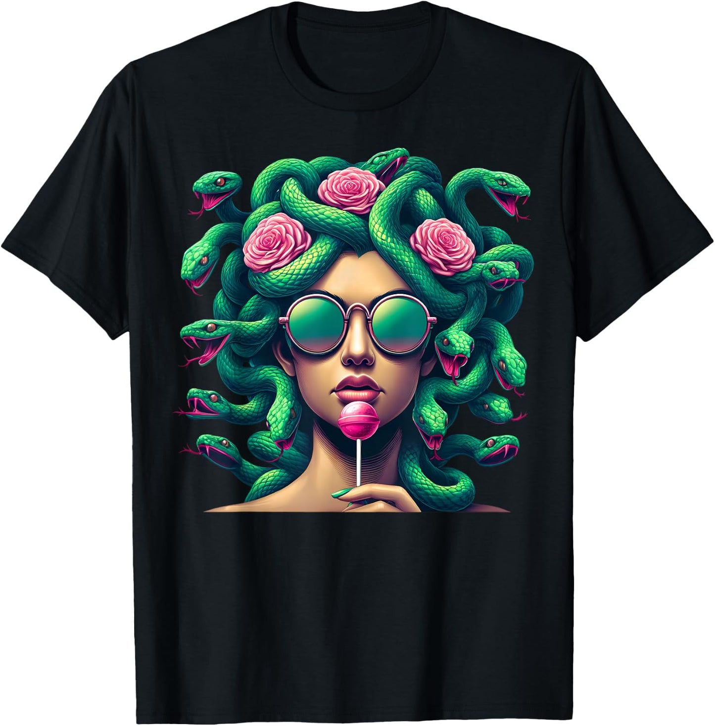 Medusa Snakes Roses Lollipop Floral Greek Mythology T-Shirt - T-Shirt | Black