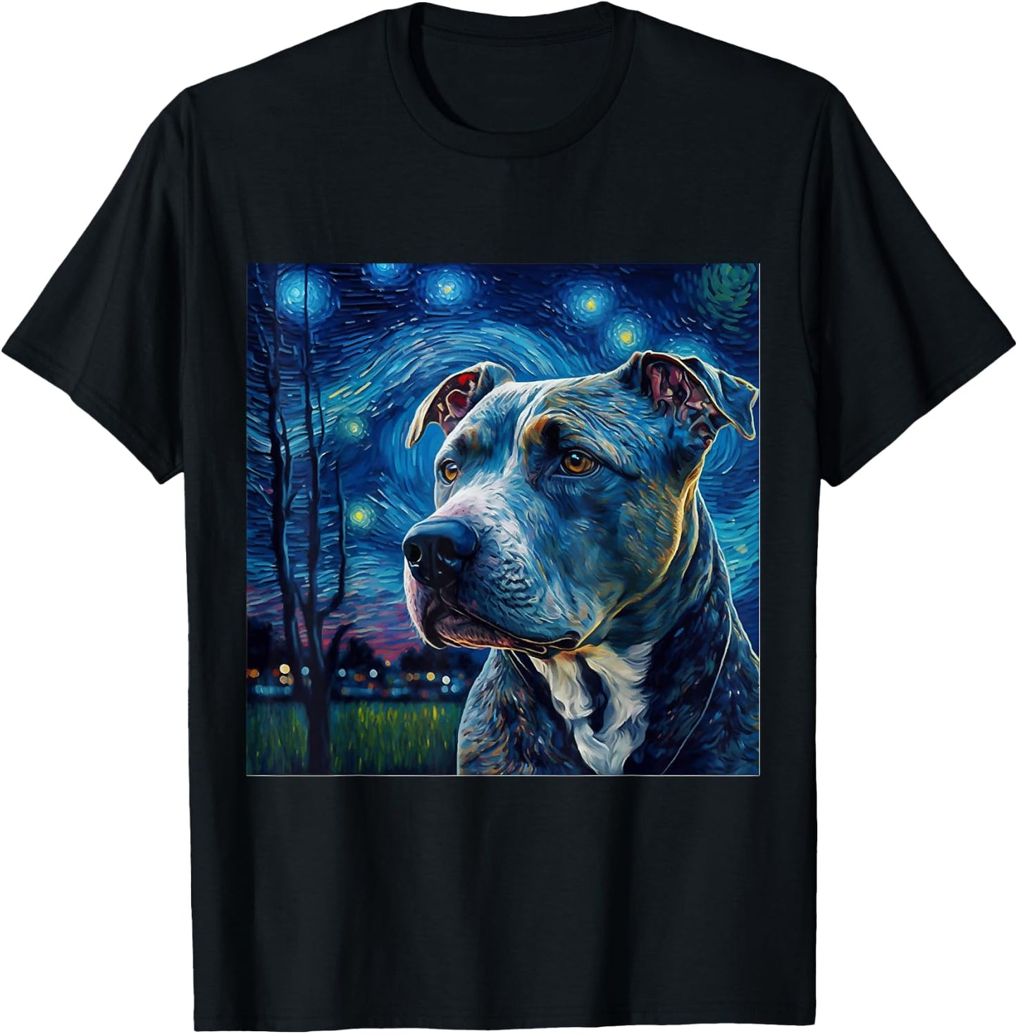 Starry Night Vincent Van Gogh Painting Pitbull Dog T-Shirt - T-Shirt | Black