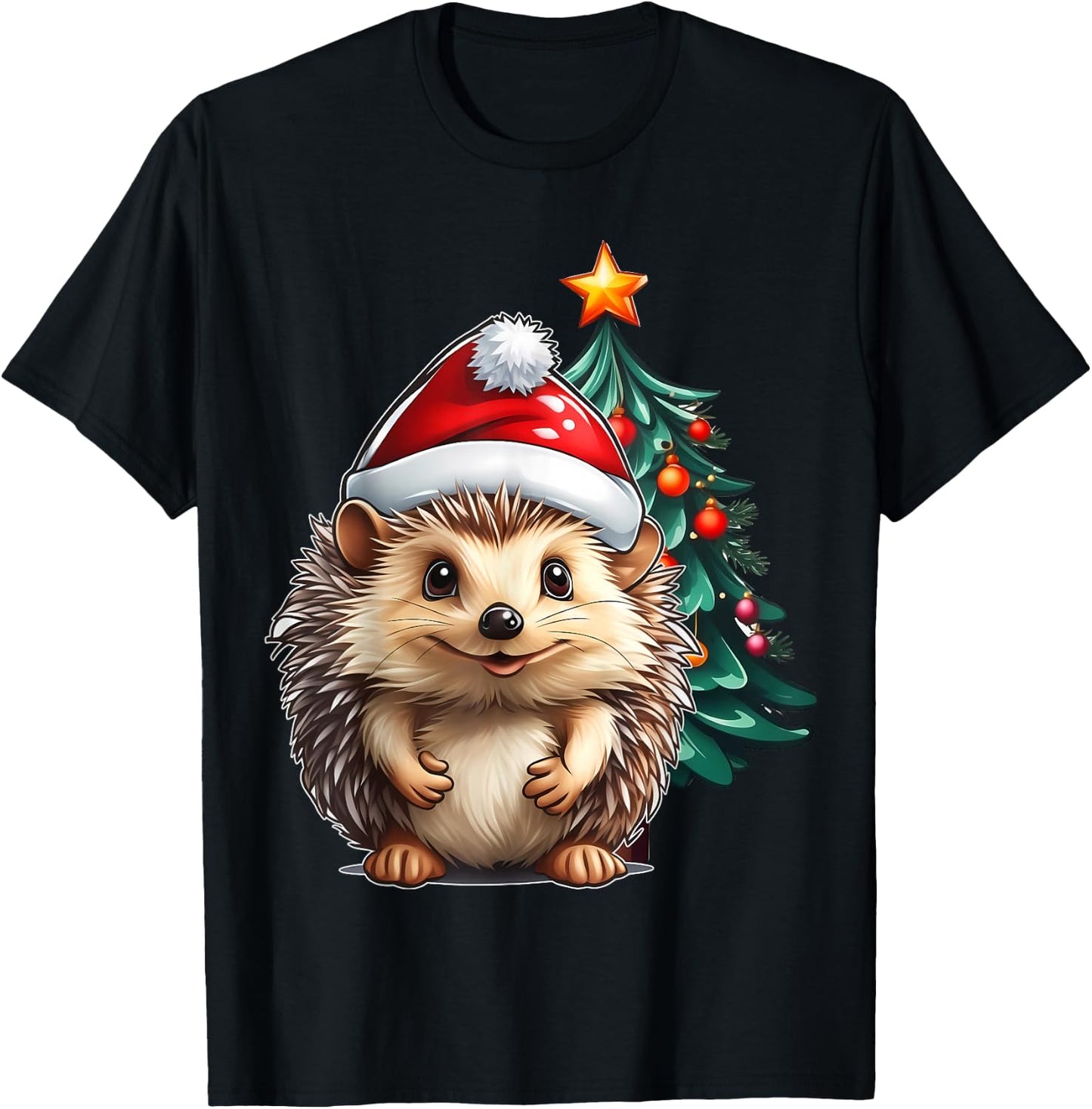 Aesthetic Christmas Hedgehog Santa Hat Xmas Tree Custom T-Shirt - T-Shirt | Black