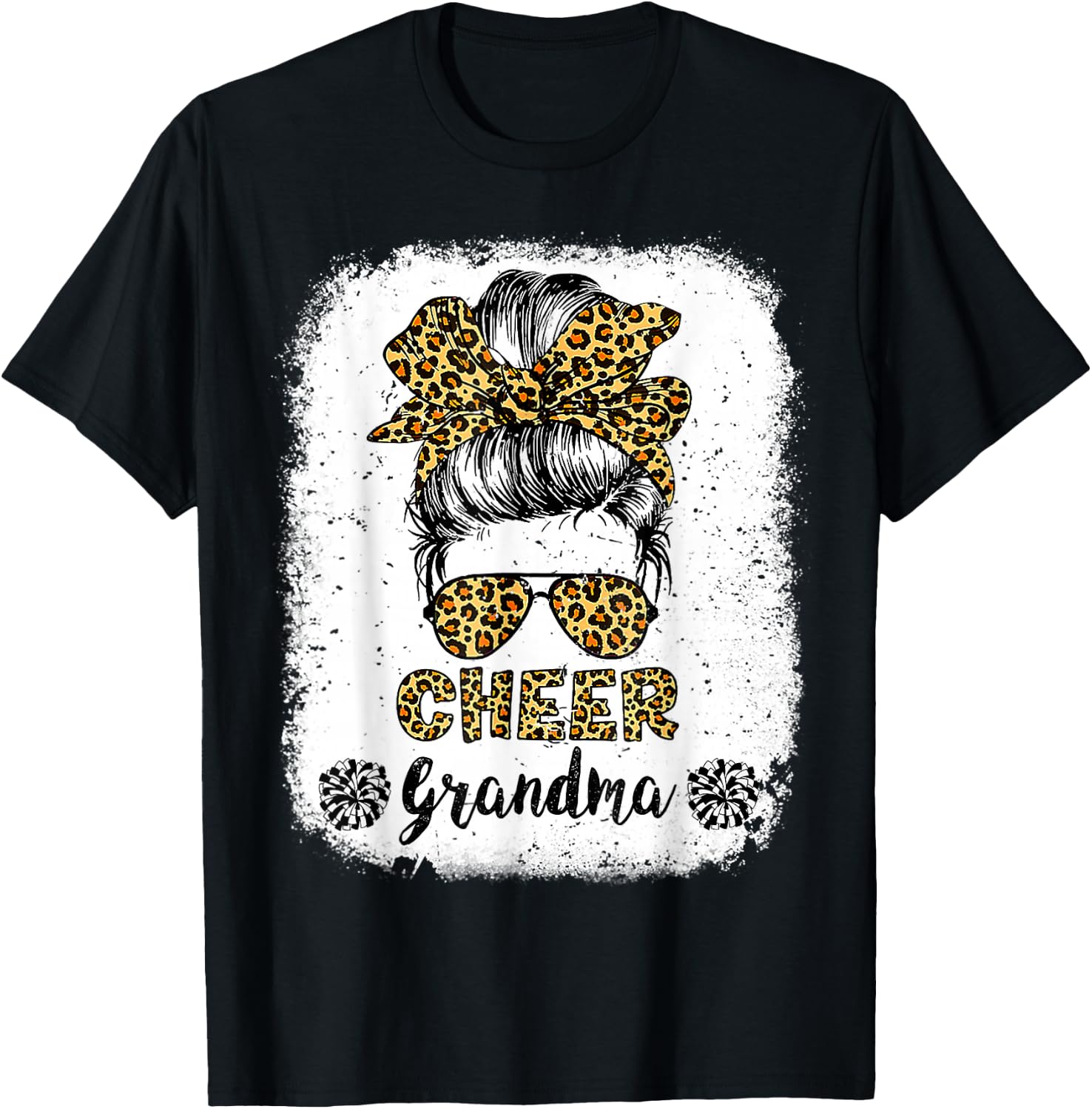 Cheer Grandma Leopard Messy Bun Cheerleader Bleached T-Shirt - T-Shirt | Black