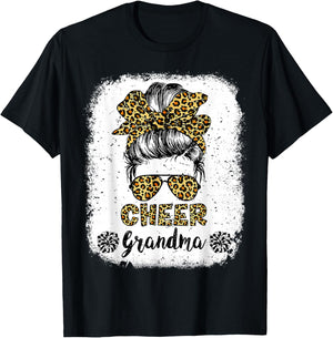 Cheer Grandma Leopard Messy Bun Cheerleader Bleached T-Shirt - T-Shirt | Black