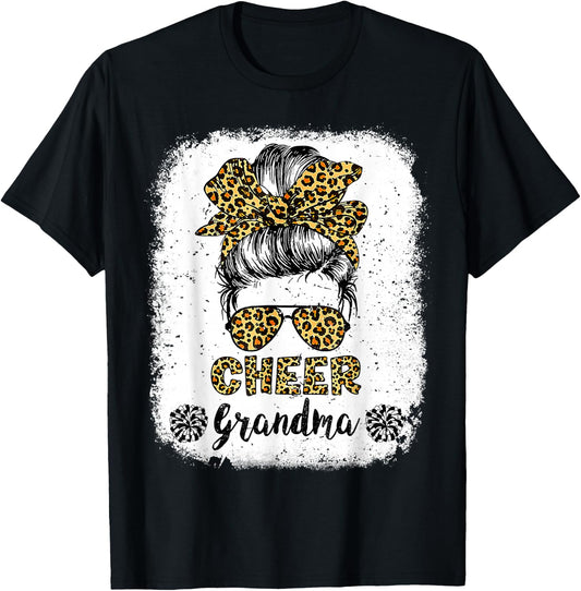 Cheer Grandma Leopard Messy Bun Cheerleader Bleached T-Shirt - T-Shirt | Black