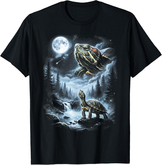 Red Eared Slider Turtle Howling at Moon 90's Retro T-Shirt - T-Shirt | Black