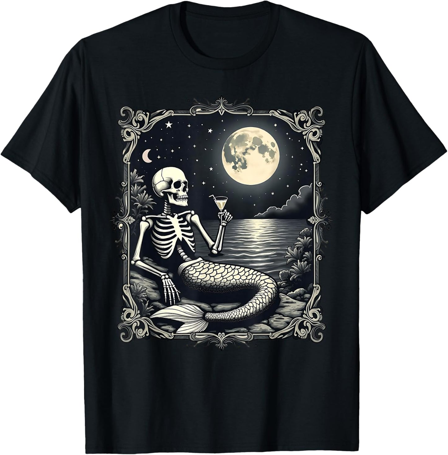Funny Skeleton Mermaid at Full Moon Cool Mermaid Graphic T-Shirt - T-Shirt | Black