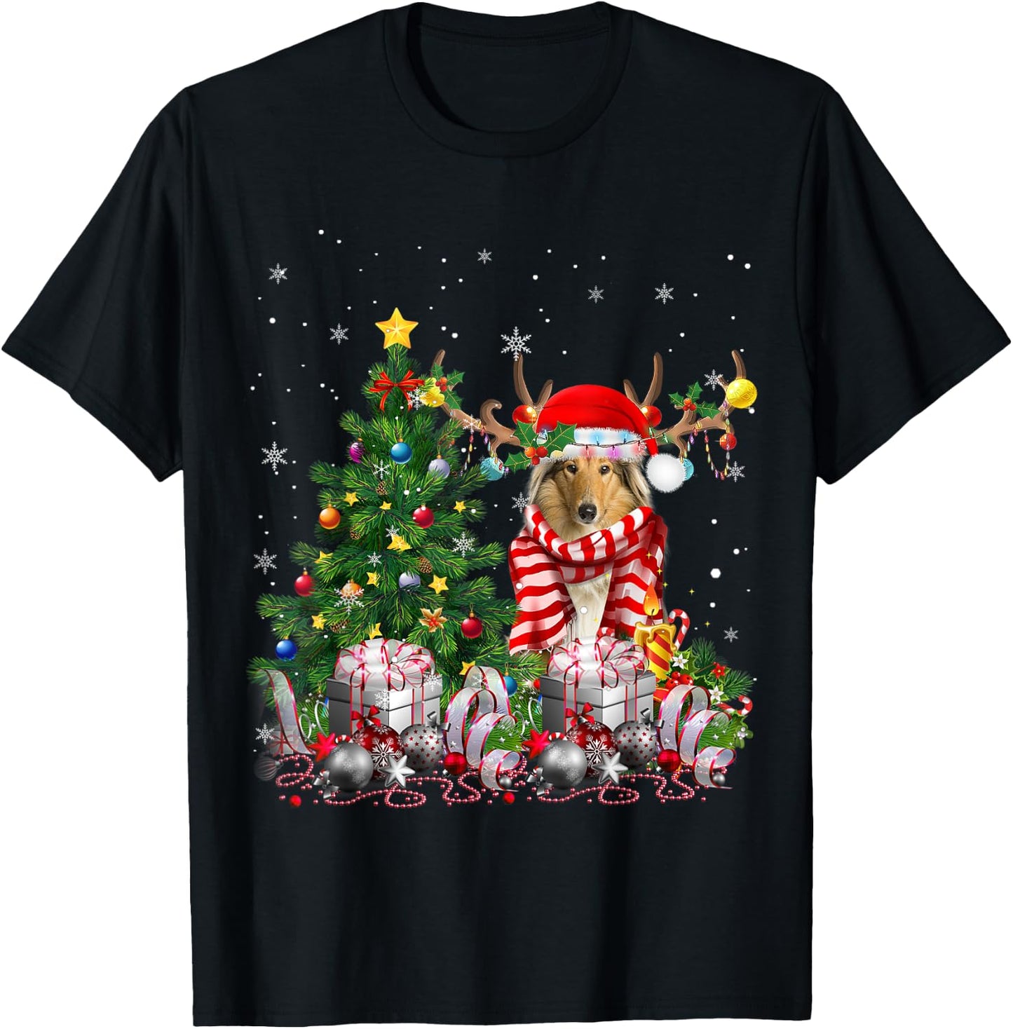 Scotch Collie Dog Christmas Tree Lights Santa Pajamas Xmas Men Women Kids T-Shirt - T-Shirt | Black