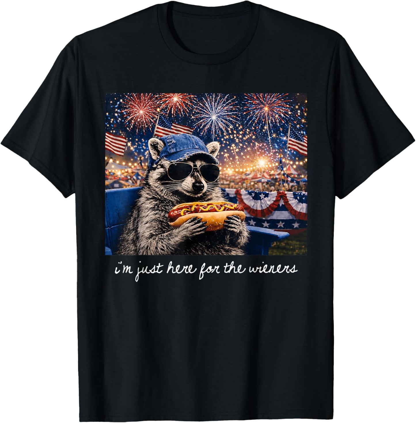I'm Just Here for The Wieners Raccoon Fireworks 4th of July T-Shirt - T-Shirt | Black