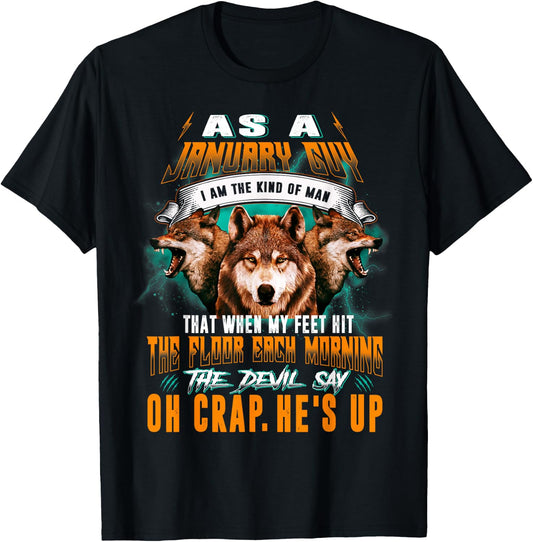 Born In January Birthday Guy Funny Wolf Lover T-Shirt - T-Shirt | Black