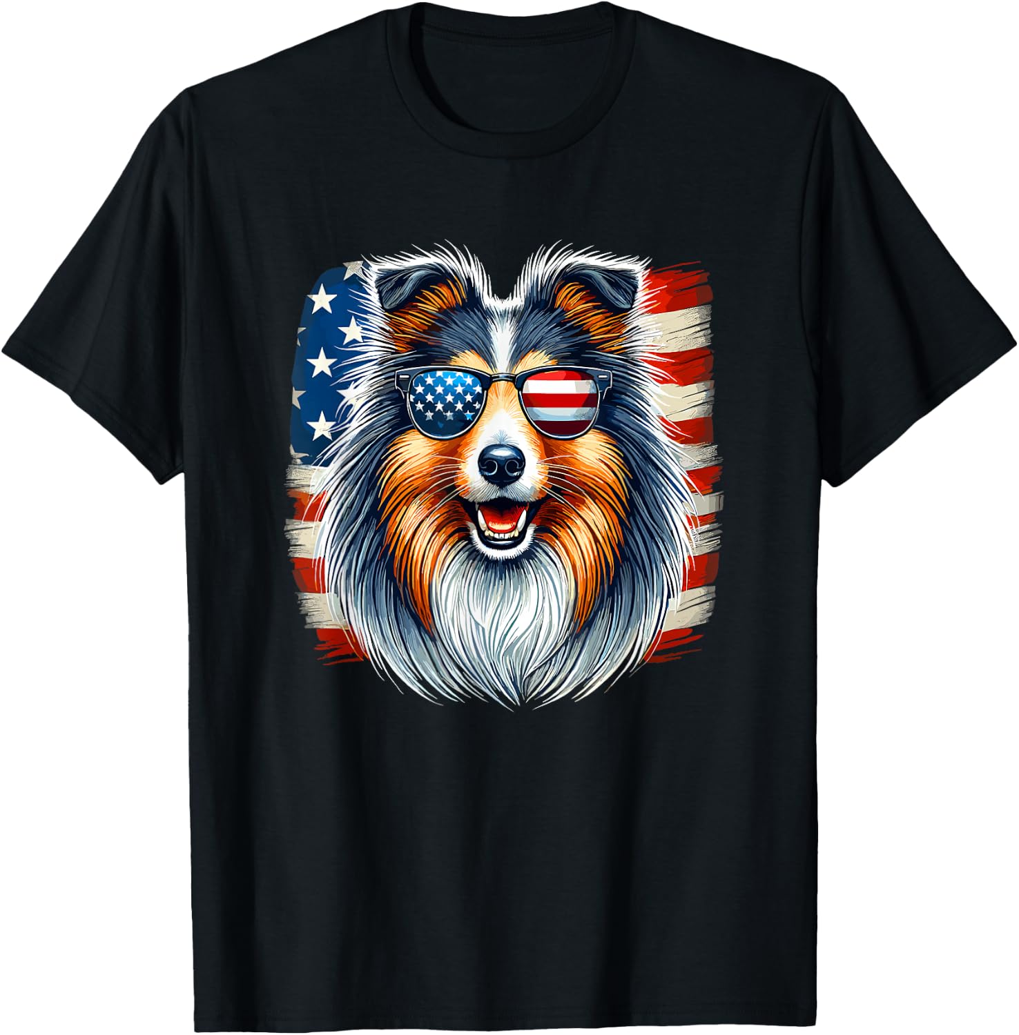American USA Flag Shetland Sheepdog Sheltie 4th Of July T-Shirt - T-Shirt | Black