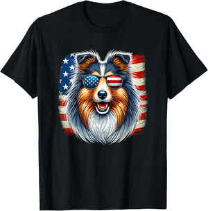 American USA Flag Shetland Sheepdog Sheltie 4th Of July T-Shirt - T-Shirt | Black