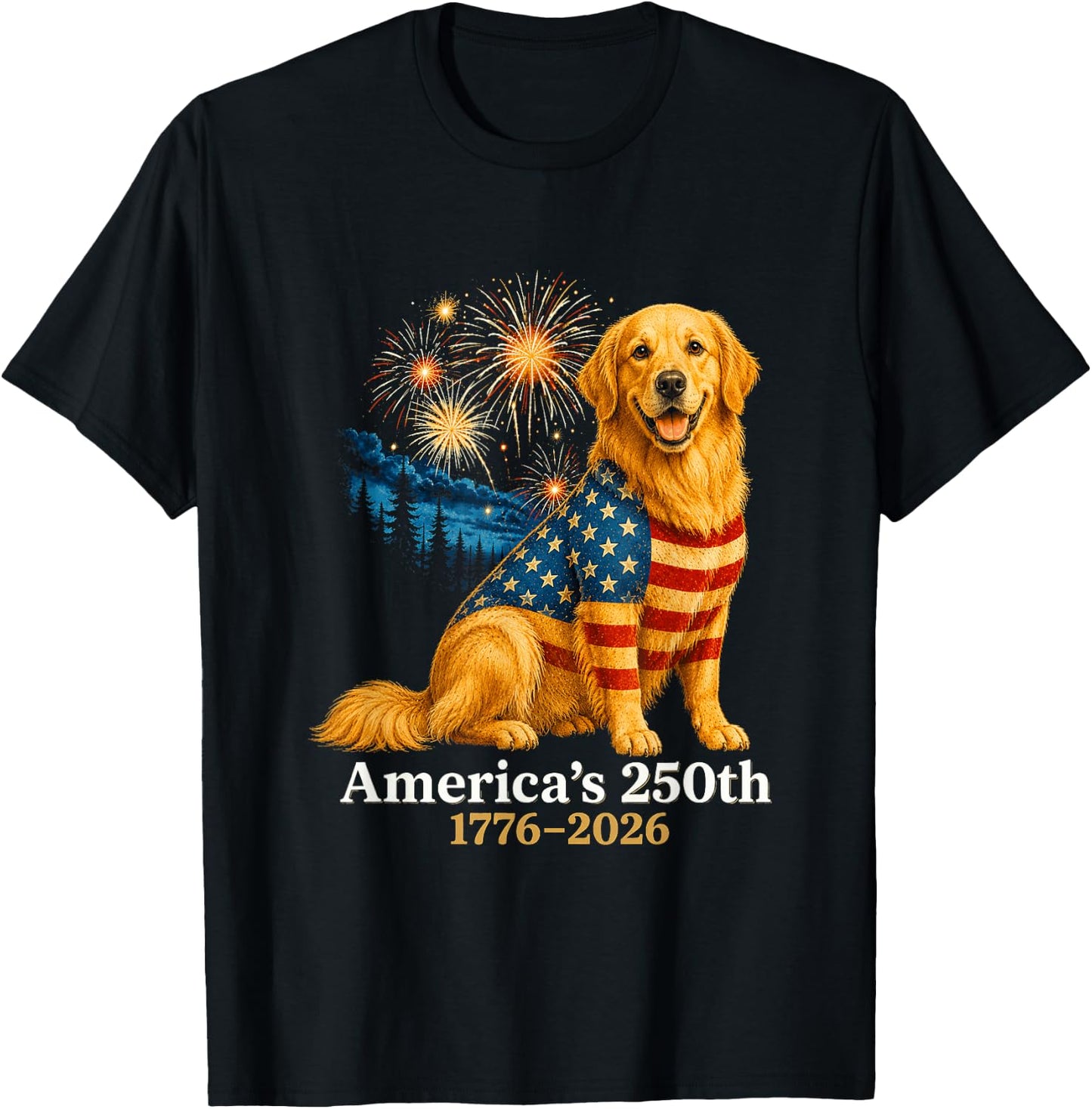 Golden Retriever 4th of July 250 Years American Anniversary T-Shirt - T-Shirt | Black